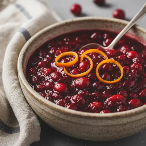 Homemade cranberry sauce with orange zest in a rustic ceramic bowl. The glistening sauce has a chunky texture and is topped with orange zest curls. A silver spoon rests in the sauce, and cranberries are scattered around the bowl on a matte gray surface.