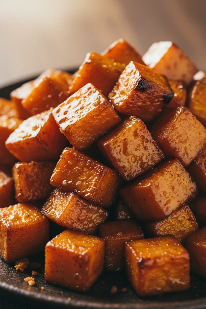 Close-up of honey roasted sweet potato cubes, glistening with a honey glaze. The cubes range in color from deep amber brown to vibrant orange, with some pieces having slightly burnt edges.