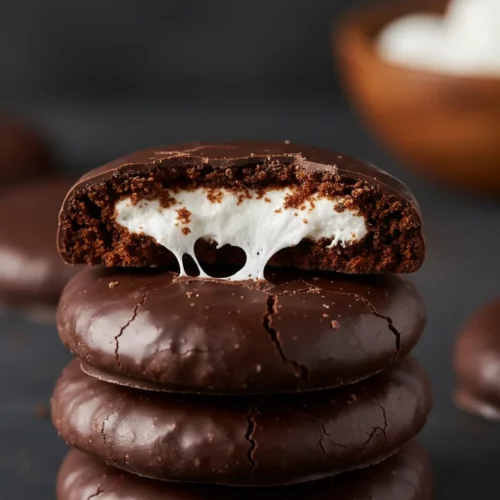 A stack of four hot cocoa cookies, each with a marshmallow filling and covered in chocolate. The top cookie is broken, revealing the soft, pulled marshmallow inside.