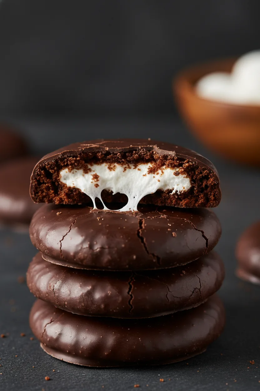 A stack of four hot cocoa cookies, each with a marshmallow filling and covered in chocolate. The top cookie is broken, revealing the soft, pulled marshmallow inside.
