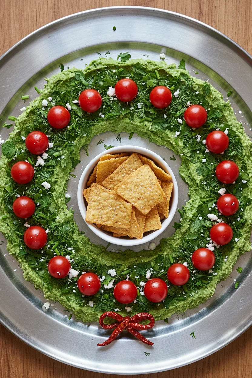 Overhead shot of a festive hummus wreath appetizer, decorated with green herbs, cherry tomatoes, and feta cheese, served with pita chips in a white bowl at the center.