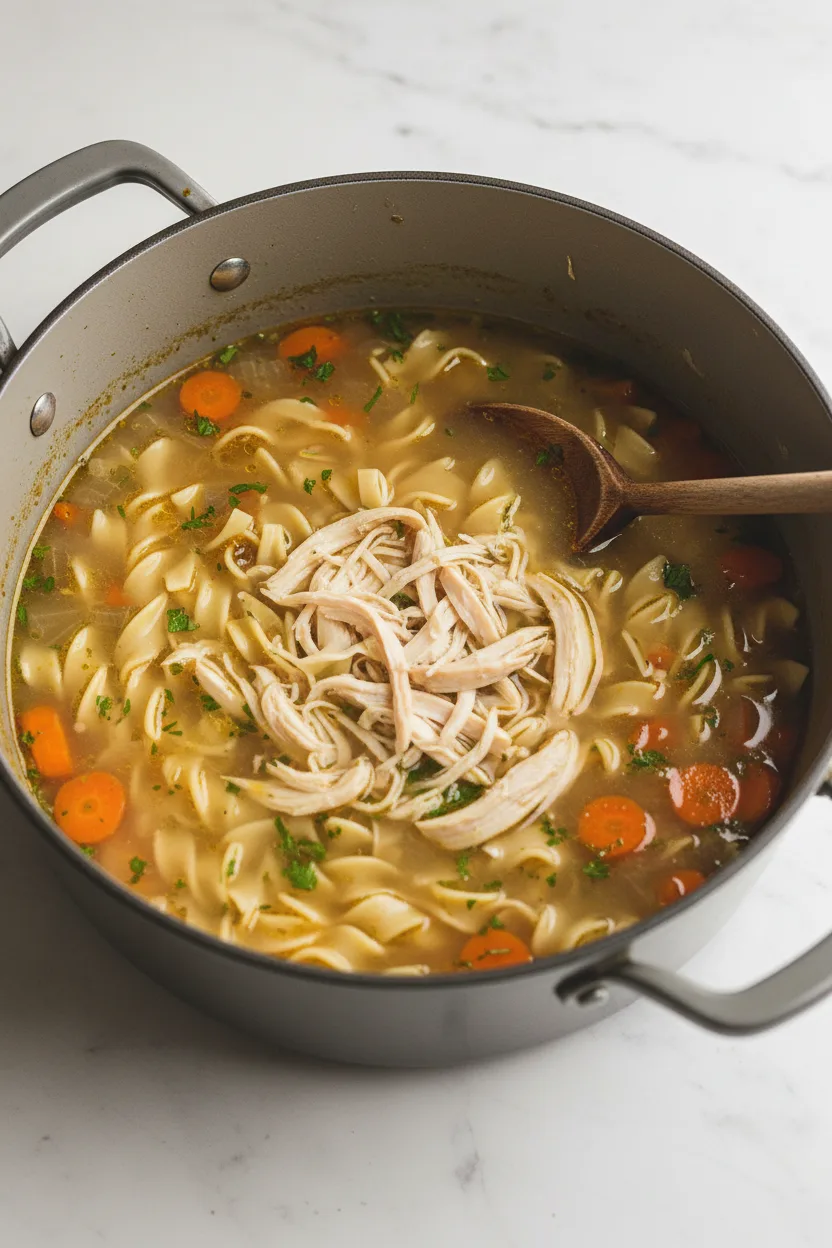 Overhead shot of Instant Pot Chicken Noodle Soup in a grey pot. The soup contains shredded chicken, al dente noodles, soft carrots, and herbs in a golden broth.