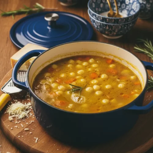 A pot of Italian Chicken Pastina Soup sits on a wooden cutting board surrounded by cheese, a grater, bowls, and spoons. The golden yellow broth is filled with tiny pasta and vegetables.