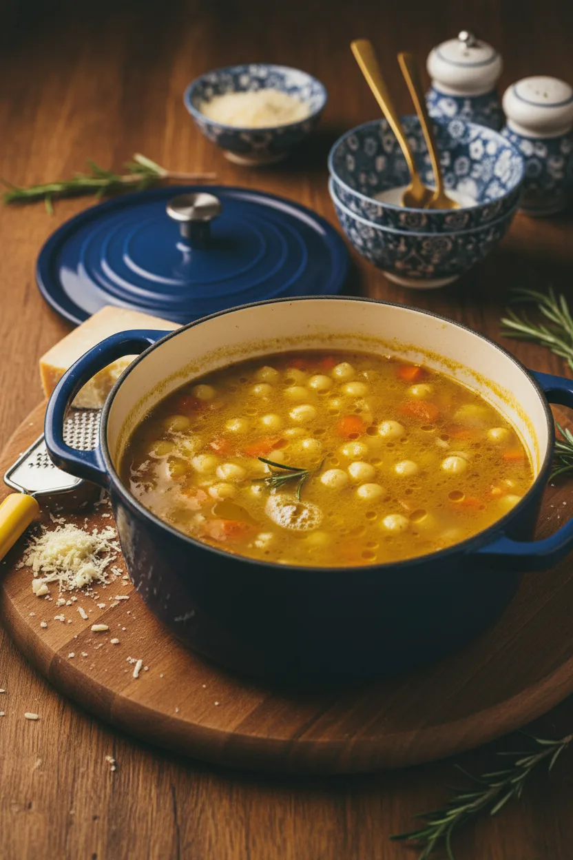 A pot of Italian Chicken Pastina Soup sits on a wooden cutting board surrounded by cheese, a grater, bowls, and spoons. The golden yellow broth is filled with tiny pasta and vegetables.