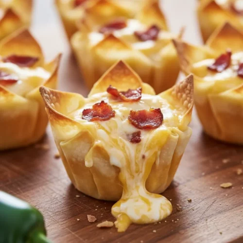 Close-up of a jalapeño popper wonton cup with a creamy filling, crispy bacon bits, and melted cheddar cheese, baked in a golden-brown wonton wrapper. A rustic wooden board serves as the backdrop.