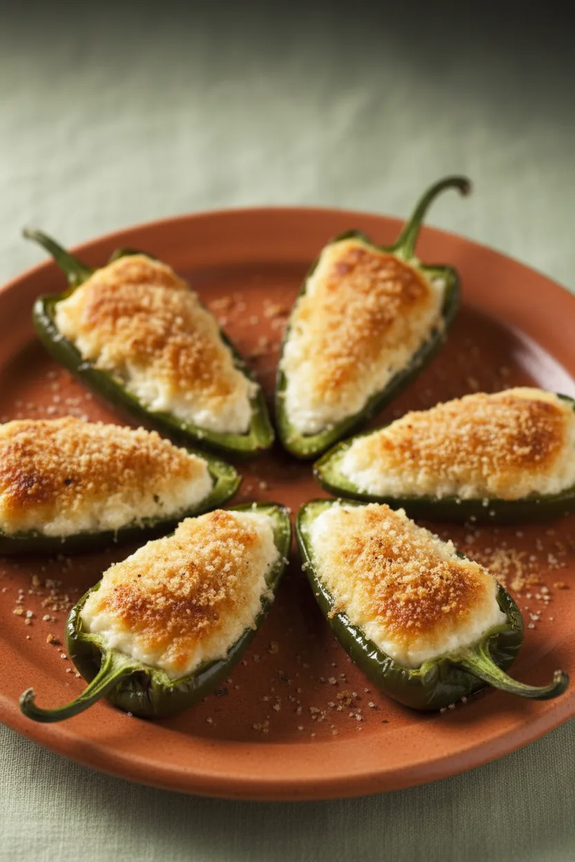 Six jalapeño poppers, halved and stuffed with cream cheese and breadcrumbs, arranged radially on a plate. The jalapeños are dark green with slightly charred edges, and the breadcrumb topping is golden brown. These are Cream Cheese Stuffed Jalapeño Poppers.