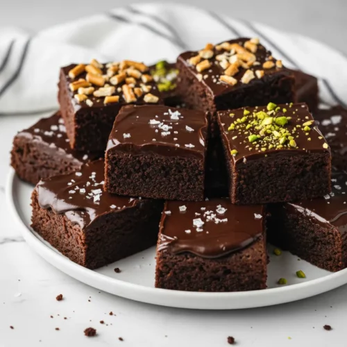 A plate of homemade last-minute 3-ingredient fudge brownies cut into squares. Some brownies are topped with sea salt, others with chopped pretzels, and some with pistachio fragments.