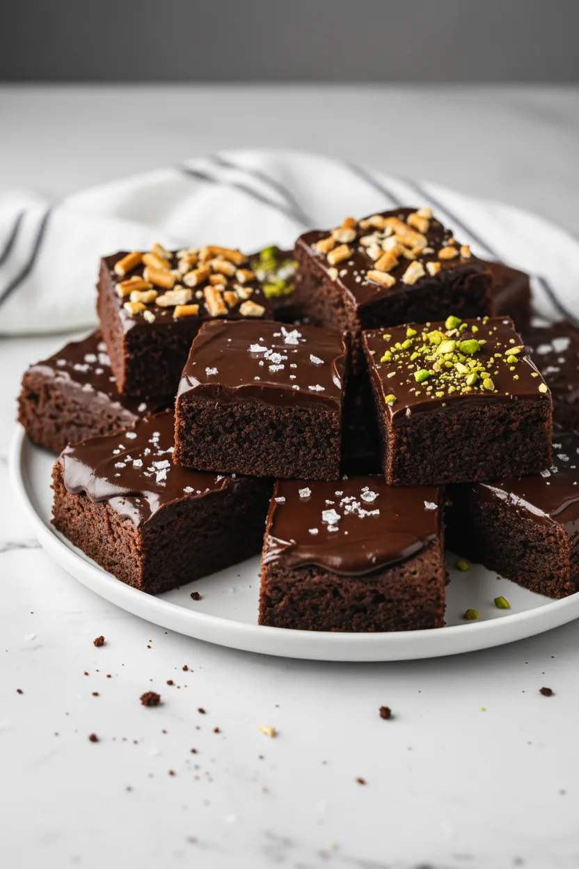 A plate of homemade last-minute 3-ingredient fudge brownies cut into squares. Some brownies are topped with sea salt, others with chopped pretzels, and some with pistachio fragments.