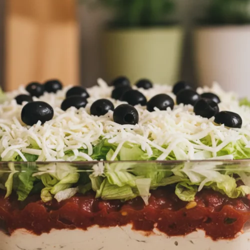 Seven-layer taco dip in a clear glass baking dish with creamy, salsa, lettuce, cheese and black olive layers, served with tortilla chips.