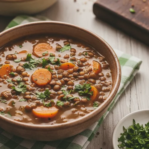 A bowl of lentil soup, with a glistening surface and visible lentils and carrot slices. Roughly chopped parsley is scattered on top. A green and white checkered napkin is underneath the bowl next to a faux tortoiseshell spoon. This is a healthy reset lentil soup.