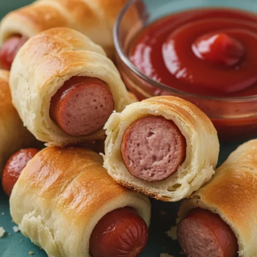 Overlapping Little Smokies in a Blanket (Beef) arranged on a teal plate next to a clear glass bowl of ketchup, showcasing golden-brown dough, slightly oily sausages with fine-grained texture, and warm, inviting lighting.