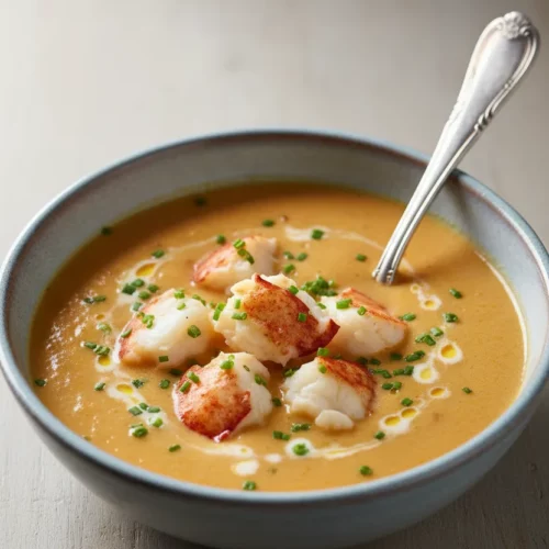 A bowl of vibrant orange lobster bisque with chunks of tender lobster meat floating within. Finely chopped chives are scattered on top, adding a pop of green.