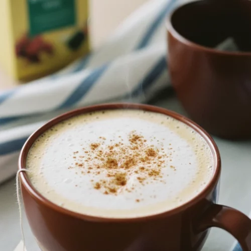 A frothy London Fog drink in a reddish-brown ceramic mug, dusted with cinnamon or spice. A wisp of steam rises from the drink. A blue and white striped napkin is partially visible, and a tea box is blurred in the background.