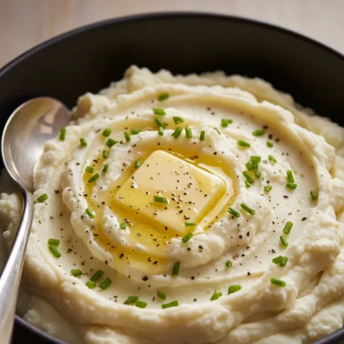 A serving of creamy mashed cauliflower, a keto-friendly side dish, topped with a pat of melting butter, cracked black pepper, and fresh chives. Served in a dark bowl.