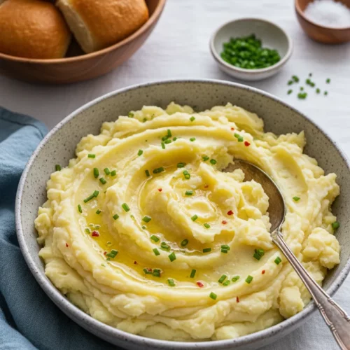A generous serving of mashed cauliflower in a speckled grey bowl, garnished with chives and red pepper flakes, glistening with melted butter. A tarnished silver spoon rests in the mashed cauliflower.
