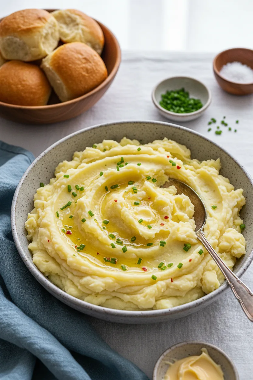 A generous serving of mashed cauliflower in a speckled grey bowl, garnished with chives and red pepper flakes, glistening with melted butter. A tarnished silver spoon rests in the mashed cauliflower.