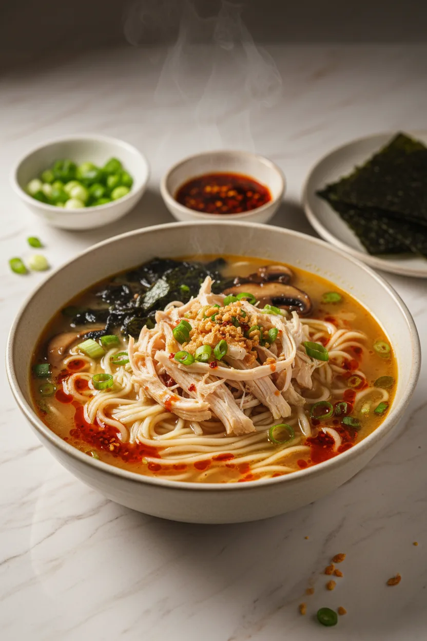 A bowl of miso and chilli chicken noodle soup with shredded chicken, thin white noodles, vibrant red chili oil, sliced scallions, cooked mushrooms, dehydrated nori seaweed, and crispy garlic bits, presented on a marble surface.