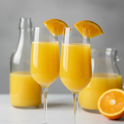 Two mimosa cocktails in tall champagne flutes, garnished with fresh orange wedges. The vibrant yellow-orange drinks feature fine bubbles, indicating carbonation. A background shows a marble surface with orange juice and a halved orange, illustrating mocktail mimosa bar ideas.