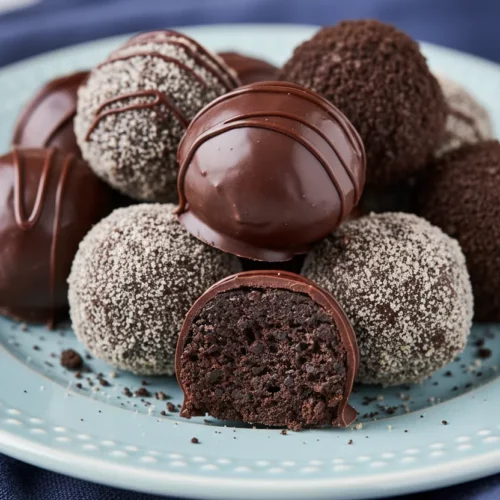 A close-up shot of Oreo truffles piled on a light blue ceramic plate with a dark blue linen napkin underneath. Some truffles are coated in Oreo crumbs, others drizzled with chocolate, and one is cut in half to reveal the filling.