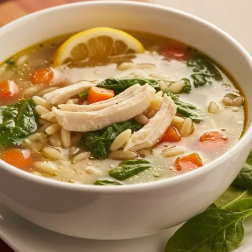 A bowl of Panera Copycat Lemon Chicken Orzo Soup with translucent broth, spinach, carrots, shredded chicken, and a lemon slice, presented on a white serving dish with a spoon and scattered spinach leaves.