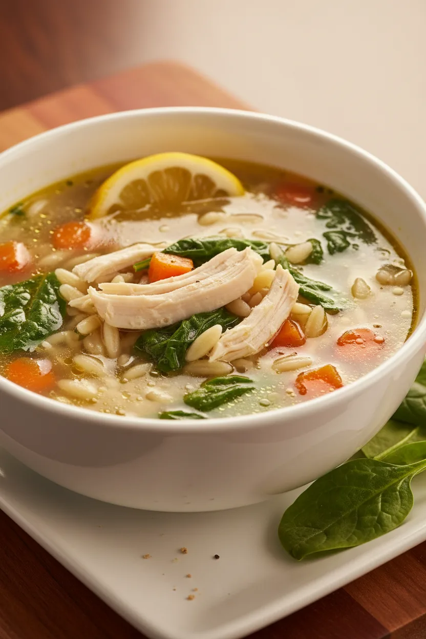 A bowl of Panera Copycat Lemon Chicken Orzo Soup with translucent broth, spinach, carrots, shredded chicken, and a lemon slice, presented on a white serving dish with a spoon and scattered spinach leaves.