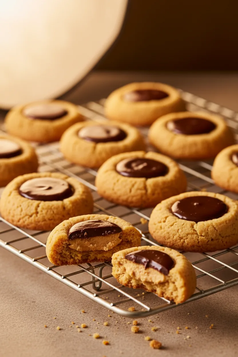Close-up of miniature peanut butter cup cookies arranged on a light-colored wire rack. The foreground features a cut-open cookie revealing layers of cookie, peanut butter, and chocolate filling. Soft, diffused lighting highlights the golden-brown color and textures of the Peanut Butter Cup Cookies.
