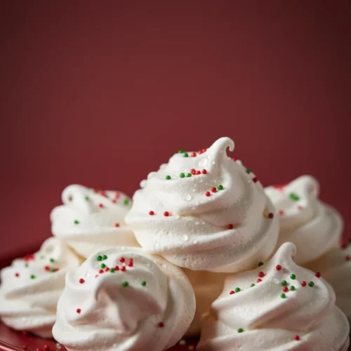 A small pile of white peppermint meringue kisses decorated with scattered red and green sprinkles, resting on a dark red surface.