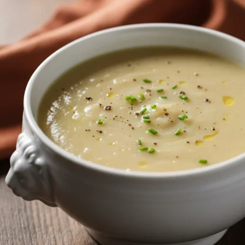 A bowl of potato leek soup starter with a smooth, creamy texture, garnished with cracked black pepper and fresh chives. The soup is served in a white porcelain bowl on a dark wood surface. A russet-colored linen napkin is blurred in the background.