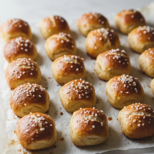 Golden brown pretzel bites sprinkled with coarse salt, arranged on parchment paper. The pretzel bites are small, square-ish, and glistening, with some having a slit on top revealing a lighter interior. Ready to be dipped in cheese sauce.