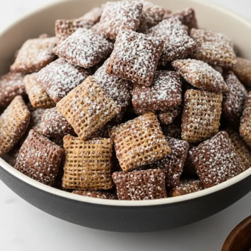 Pile of homemade Puppy Chow, also known as Muddy Buddies, featuring Chex cereal coated in chocolate, peanut butter, and powdered sugar in a light colored bowl.