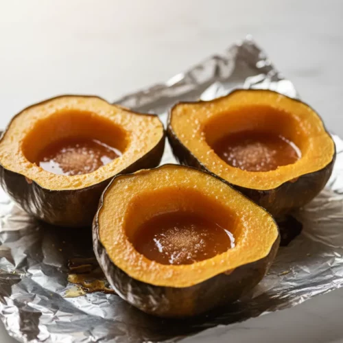 Three halves of roasted acorn squash with brown sugar filling each center. The squash has a deep golden-orange flesh and dark green skin, resting on crumpled aluminum foil.
