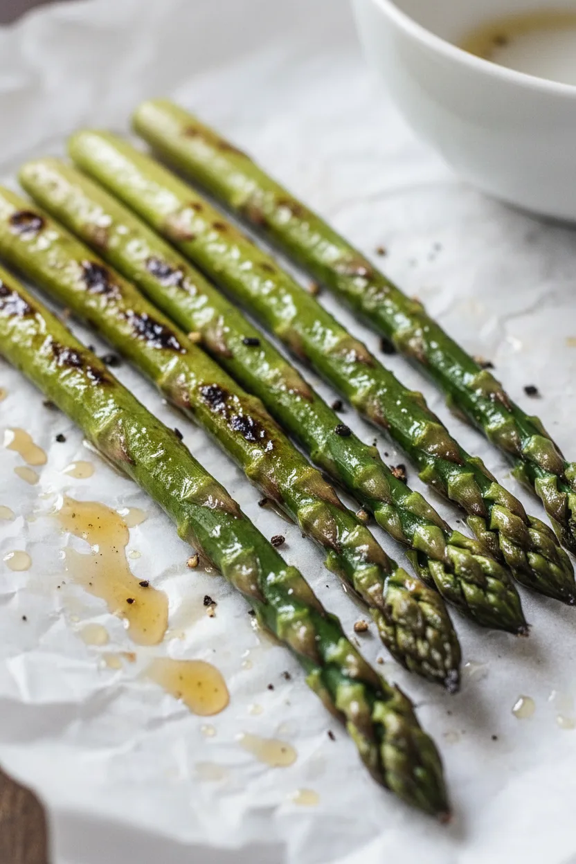Roasted asparagus with parmesan on parchment paper. The asparagus spears are glistening and slightly charred, arranged diagonally across the frame, with a hint of a white ceramic bowl in the background.