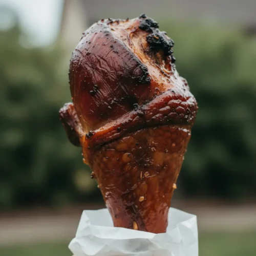 A smoked turkey leg, Disney style, wrapped in white paper. The skin is a deep mahogany color with charred patches, held in someone's hand outdoors with blurred greenery in the background.