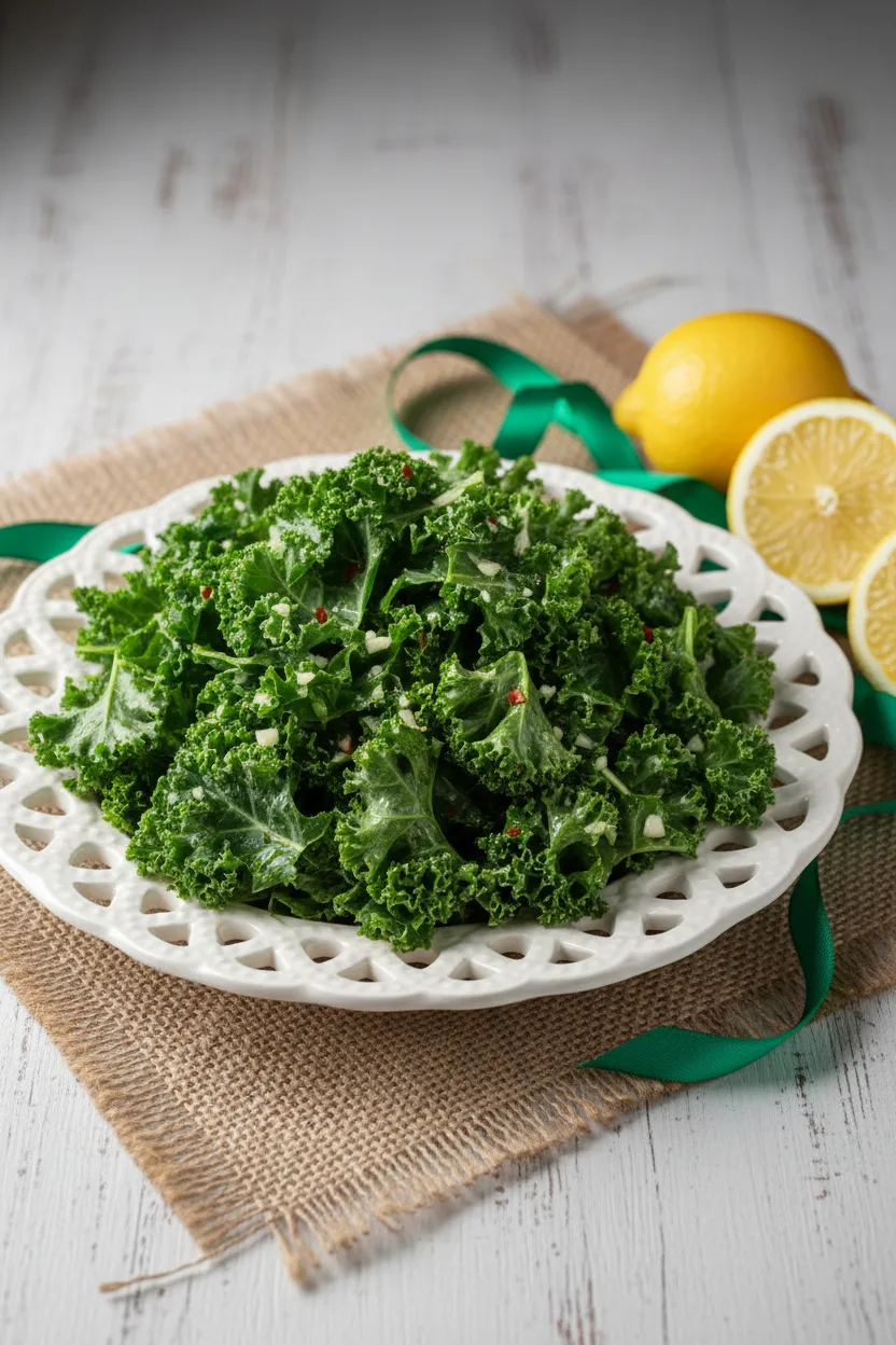 A mound of sauteed kale with garlic and lemon, dressed with olive oil and red pepper flakes, served on a white plate. The kale is vibrant green and glistening, showcasing the fresh, slightly oily appearance.