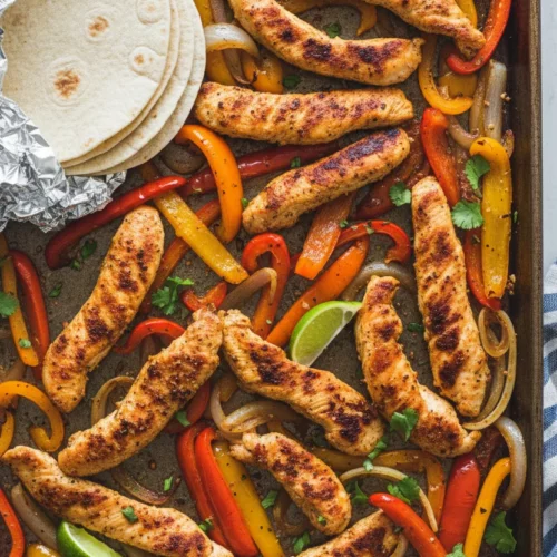 A sheet pan filled with freshly cooked chicken fajitas, featuring seared chicken strips, vibrant bell peppers, translucent onions, lime wedges, and cilantro, with flour tortillas wrapped in foil on the side.