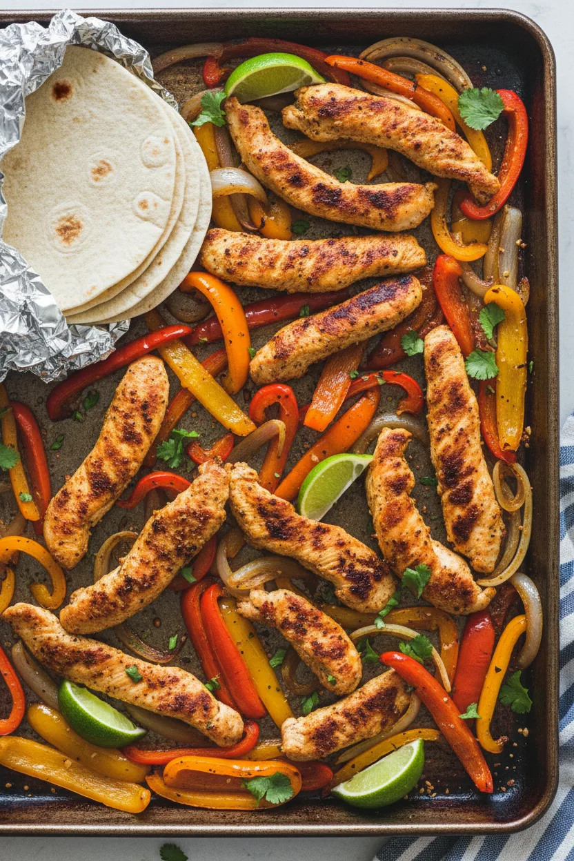 A sheet pan filled with freshly cooked chicken fajitas, featuring seared chicken strips, vibrant bell peppers, translucent onions, lime wedges, and cilantro, with flour tortillas wrapped in foil on the side.
