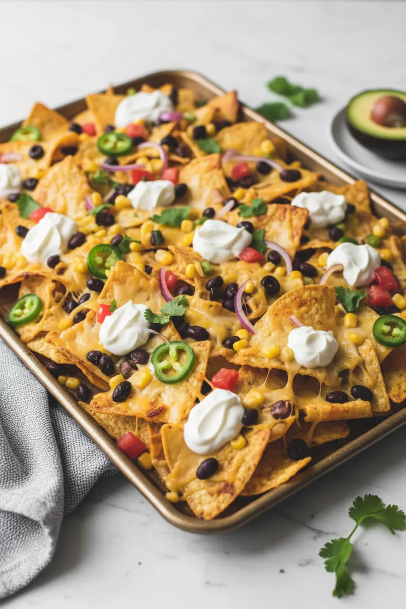 Overhead view of loaded sheet pan nachos on a dark gray baking sheet. Golden tortilla chips are topped with melted cheese, corn, black beans, diced tomatoes, red onions, olives, jalapenos, avocado, and dollops of sour cream. A folded gray and white napkin, half avocado on a small white plate, and fresh cilantro sprigs sit beside the baking sheet on a white marble surface.