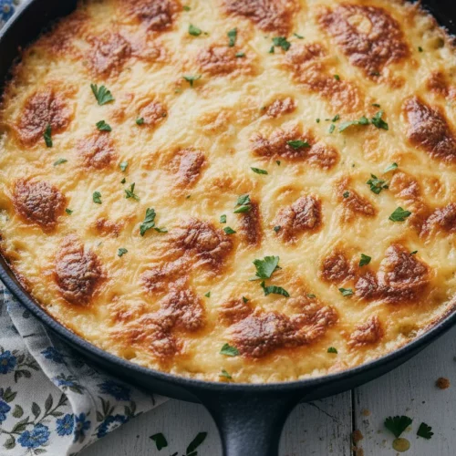 A bubbling Shepherd's Pie in a cast iron skillet, featuring a cheesy topping with golden brown, crispy edges and scattered fresh parsley. The casserole sits on a white wooden surface next to a floral-patterned linen napkin.