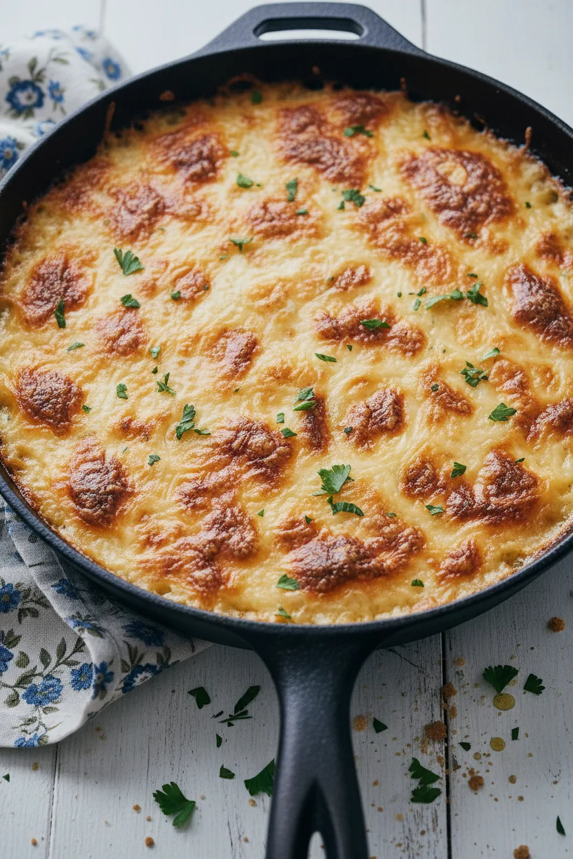 A bubbling Shepherd's Pie in a cast iron skillet, featuring a cheesy topping with golden brown, crispy edges and scattered fresh parsley. The casserole sits on a white wooden surface next to a floral-patterned linen napkin.