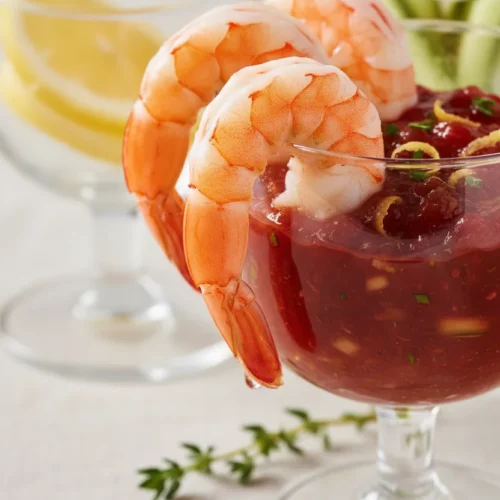 Shrimp cocktail with spicy red sauce served in a stemmed glass. Several pink shrimp hang over the edge. The cocktail includes cucumber and herbs. Other glasses with lemon and cucumber are in the blurred background.