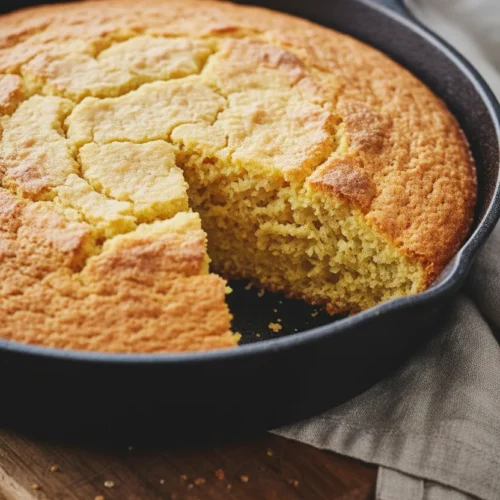 Golden-brown skillet cornbread with crispy edges and a cake-like interior sits in a cast-iron skillet on a rustic wooden board. A folded linen napkin is visible in the background.
