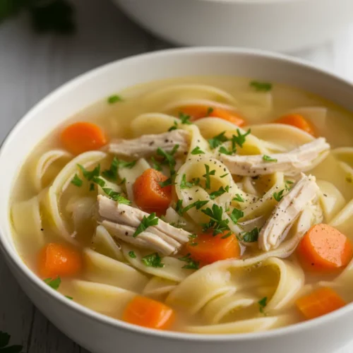 A bowl of slow cooker chicken noodle soup with wide egg noodles, shredded chicken, diced carrots, and fresh parsley garnish.