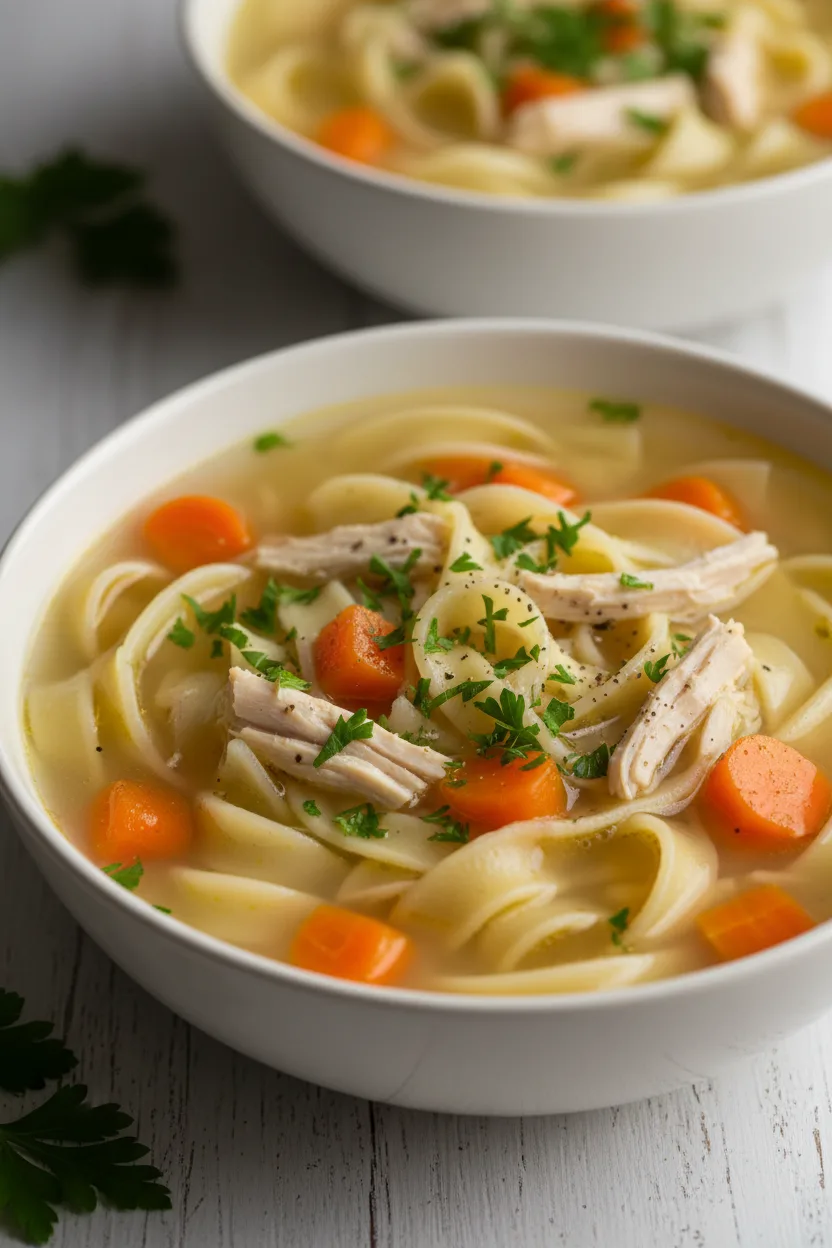 A bowl of slow cooker chicken noodle soup with wide egg noodles, shredded chicken, diced carrots, and fresh parsley garnish.