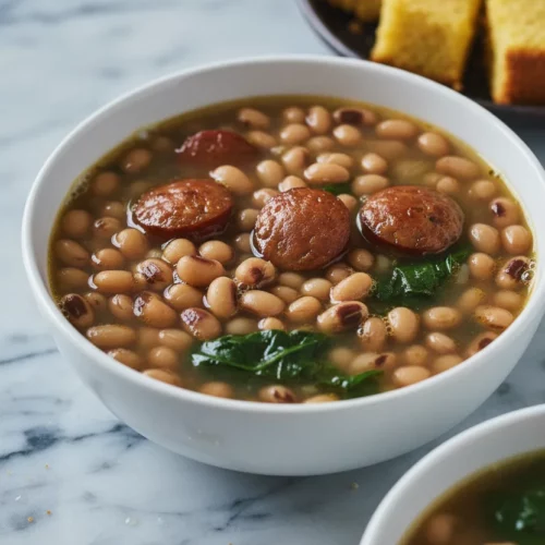 A bowl of Southern Black Eyed Peas soup, a good luck meal, is presented in a commercial food shot. The soup contains sausage and spinach, served on a marble countertop with cornbread in the background.