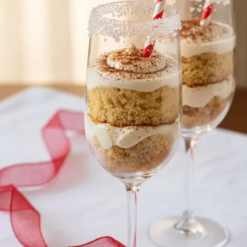 A champagne flute filled with a Sparkling Apple Cider Float, rimmed with coarse sugar crystals. Layers of cake and frosting are visible, topped with spice. A red and white striped straw is submerged in the bubbly liquid.