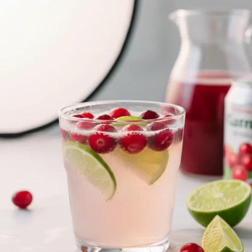 A vibrant Sparkling Cranberry Pineapple Punch cocktail in a clear glass. The drink features red cranberries and green lime slices bobbing on top of the effervescent, semi-opaque liquid. Individual cranberries are scattered around the base of the glass on a white marble surface.