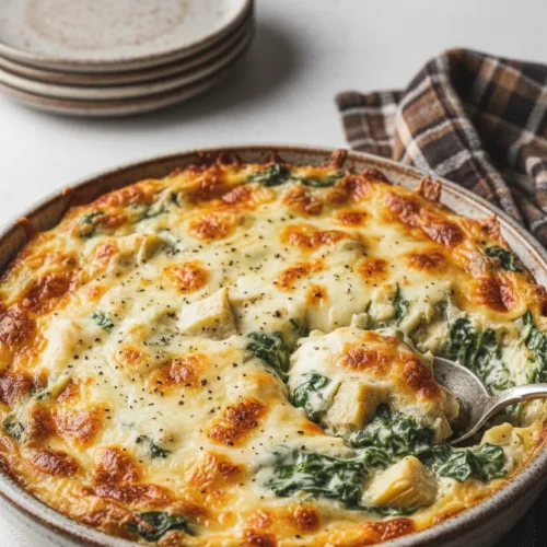 A golden brown spinach gratin with artichoke hearts, topped with melted cheese and sprinkled with pepper. A spoon is partially submerged, revealing the creamy texture.