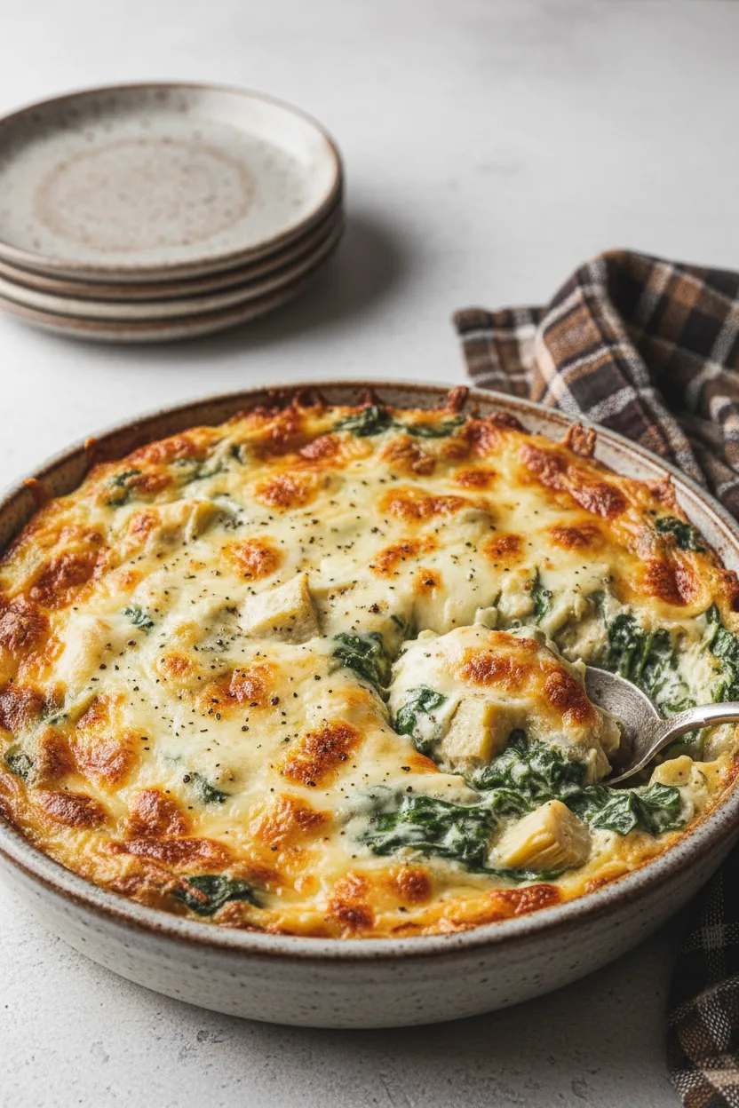 A golden brown spinach gratin with artichoke hearts, topped with melted cheese and sprinkled with pepper. A spoon is partially submerged, revealing the creamy texture.