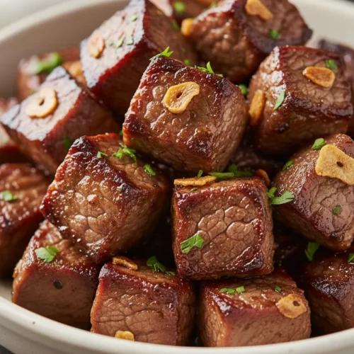 A close-up of glistening steak bites with garlic butter, featuring charred edges and sprinkled with parsley, served in an off-white ceramic bowl on a dark wooden surface.