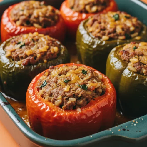 A baking dish filled with several stuffed bell peppers, glazed with sauce, featuring a filling of beef and rice. The peppers are cooked to a tender state with visible herbs and slight browning.
